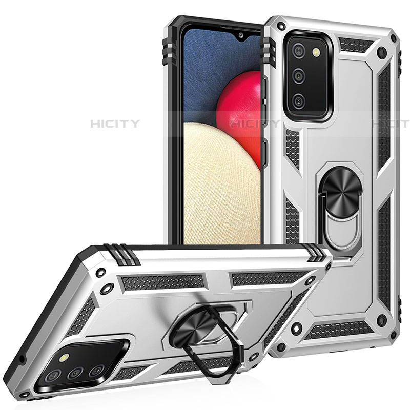 Silikon Hülle Handyhülle und Kunststoff Schutzhülle Hartschalen Tasche mit Magnetisch Fingerring Ständer MQ3 für Samsung Galaxy A03s Silber Plus