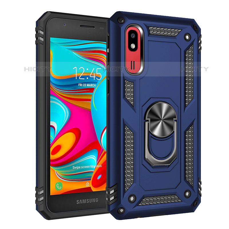 Silikon Hülle Handyhülle und Kunststoff Schutzhülle Hartschalen Tasche mit Magnetisch Fingerring Ständer MQ3 für Samsung Galaxy A2 Core A260F A260G Blau