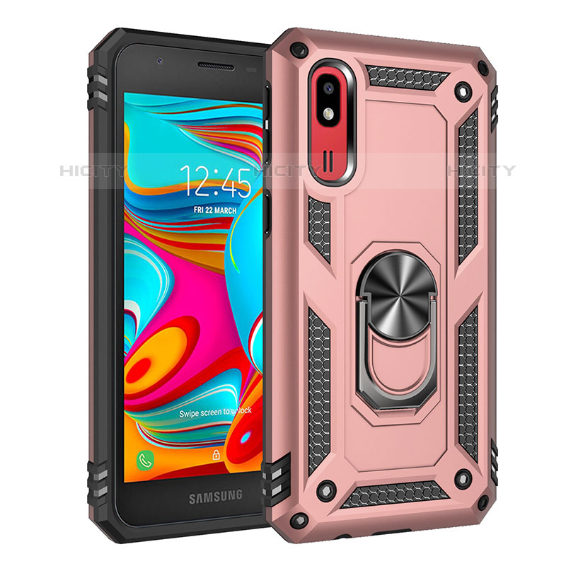 Silikon Hülle Handyhülle und Kunststoff Schutzhülle Hartschalen Tasche mit Magnetisch Fingerring Ständer MQ3 für Samsung Galaxy A2 Core A260F A260G Rosegold