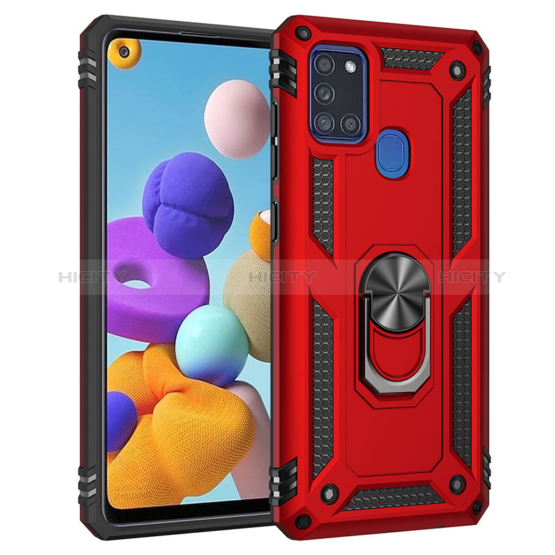 Silikon Hülle Handyhülle und Kunststoff Schutzhülle Hartschalen Tasche mit Magnetisch Fingerring Ständer MQ3 für Samsung Galaxy A21s Rot Plus