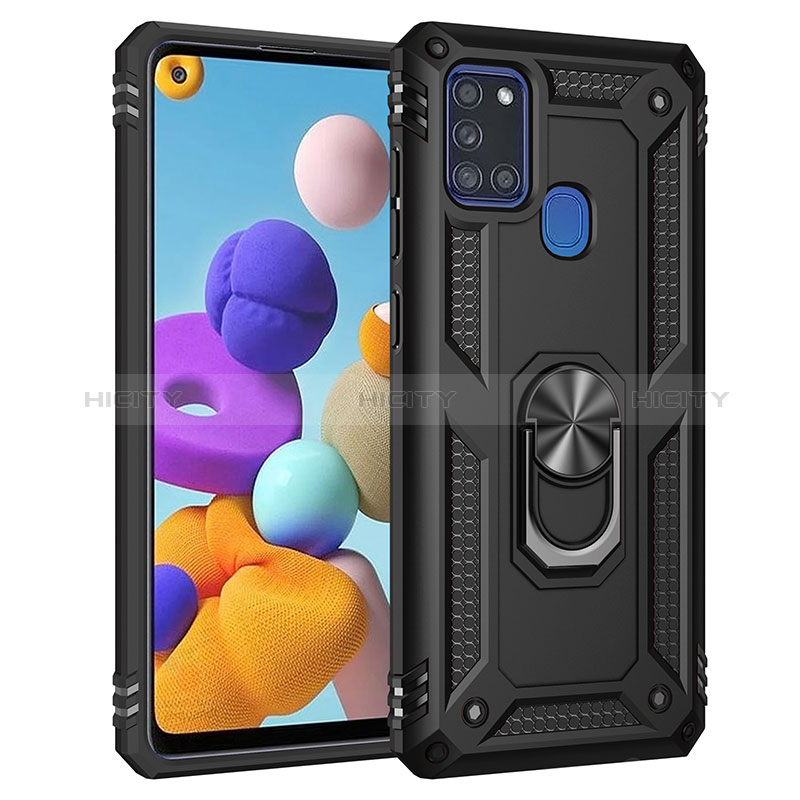 Silikon Hülle Handyhülle und Kunststoff Schutzhülle Hartschalen Tasche mit Magnetisch Fingerring Ständer MQ3 für Samsung Galaxy A21s Schwarz Plus