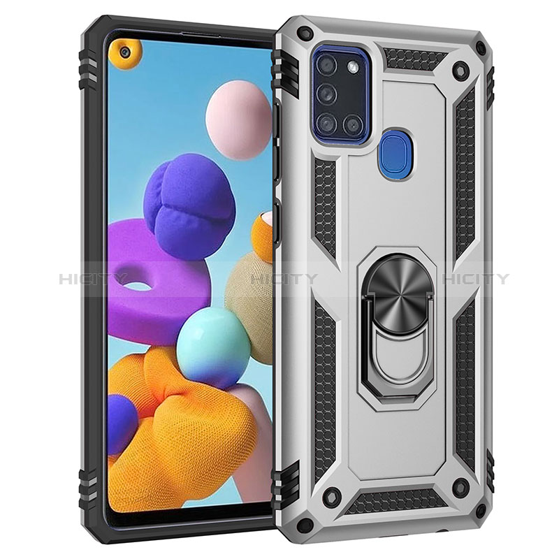 Silikon Hülle Handyhülle und Kunststoff Schutzhülle Hartschalen Tasche mit Magnetisch Fingerring Ständer MQ3 für Samsung Galaxy A21s Silber Plus