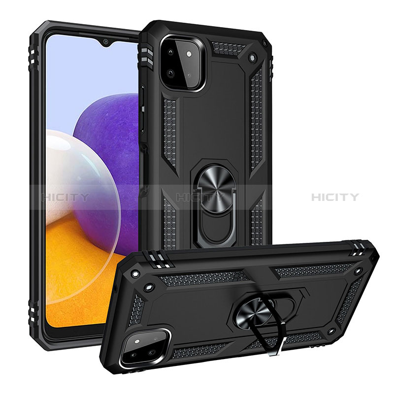 Silikon Hülle Handyhülle und Kunststoff Schutzhülle Hartschalen Tasche mit Magnetisch Fingerring Ständer MQ3 für Samsung Galaxy A22s 5G Schwarz Plus