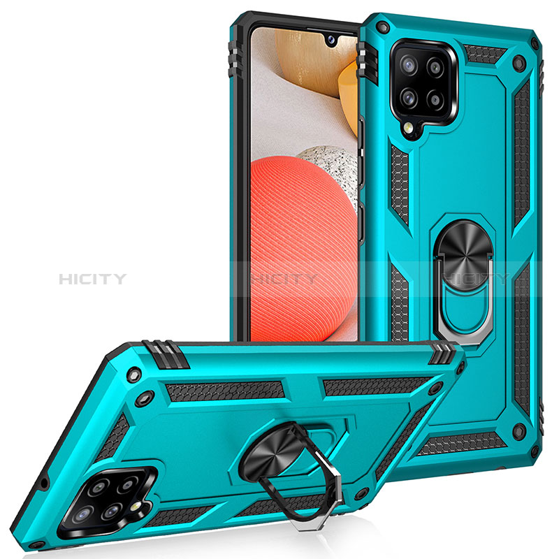 Silikon Hülle Handyhülle und Kunststoff Schutzhülle Hartschalen Tasche mit Magnetisch Fingerring Ständer MQ3 für Samsung Galaxy A42 5G Cyan