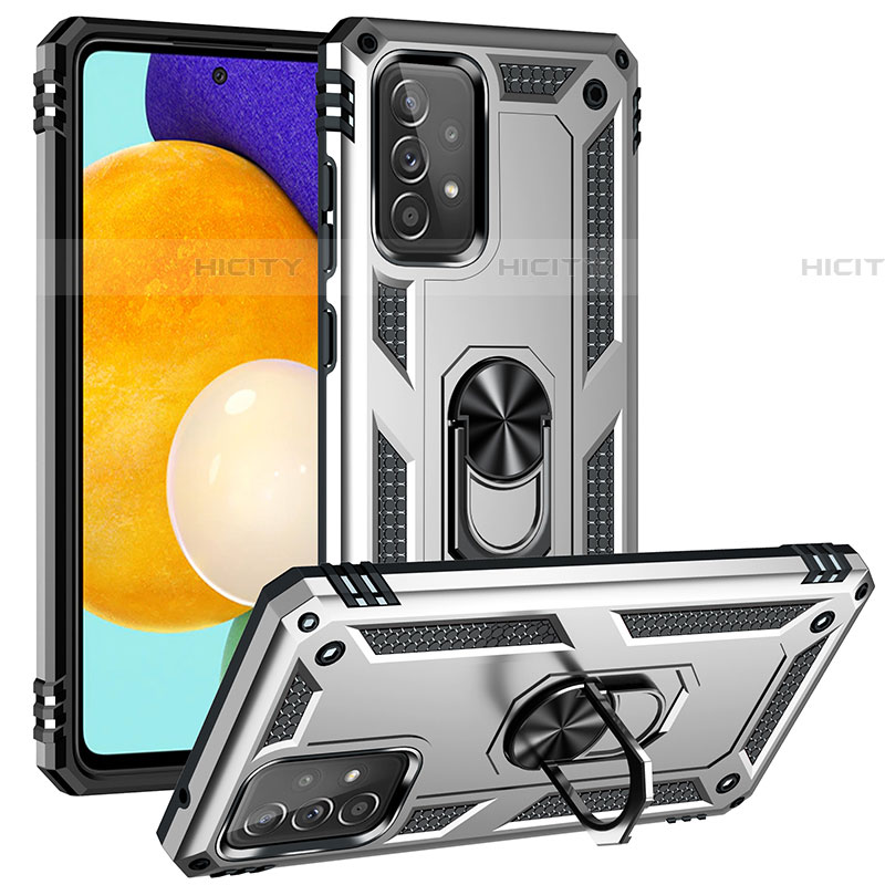 Silikon Hülle Handyhülle und Kunststoff Schutzhülle Hartschalen Tasche mit Magnetisch Fingerring Ständer MQ3 für Samsung Galaxy A52 4G Silber