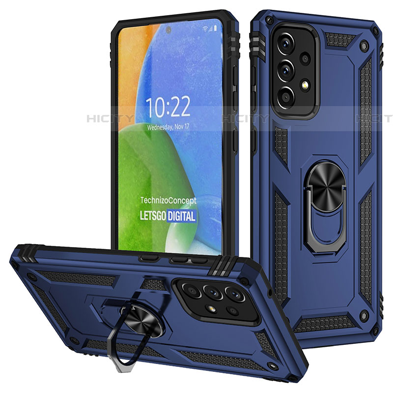 Silikon Hülle Handyhülle und Kunststoff Schutzhülle Hartschalen Tasche mit Magnetisch Fingerring Ständer MQ3 für Samsung Galaxy A73 5G Blau Plus