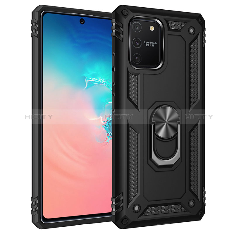 Silikon Hülle Handyhülle und Kunststoff Schutzhülle Hartschalen Tasche mit Magnetisch Fingerring Ständer MQ3 für Samsung Galaxy A91 Schwarz Plus