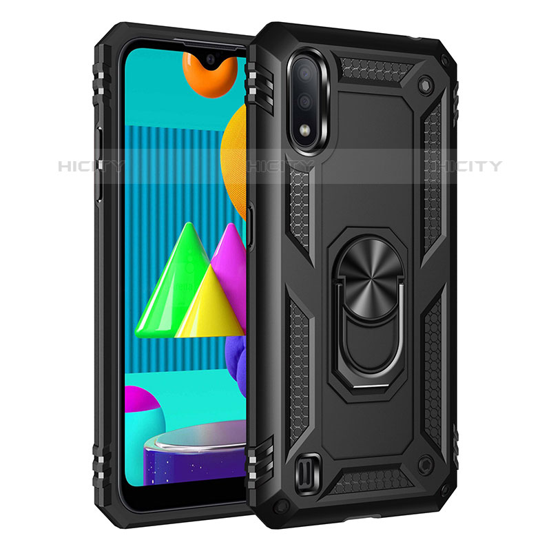 Silikon Hülle Handyhülle und Kunststoff Schutzhülle Hartschalen Tasche mit Magnetisch Fingerring Ständer MQ3 für Samsung Galaxy M01 Schwarz Plus