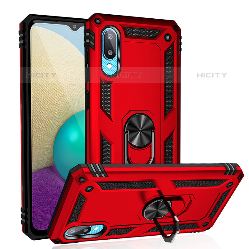 Silikon Hülle Handyhülle und Kunststoff Schutzhülle Hartschalen Tasche mit Magnetisch Fingerring Ständer MQ3 für Samsung Galaxy M02 Rot Plus