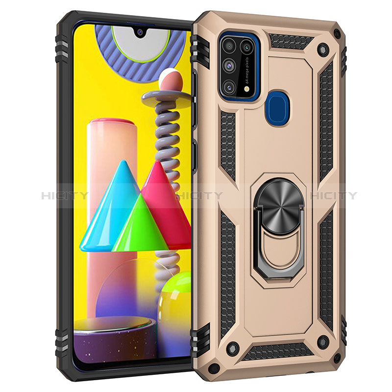 Silikon Hülle Handyhülle und Kunststoff Schutzhülle Hartschalen Tasche mit Magnetisch Fingerring Ständer MQ3 für Samsung Galaxy M21s Gold