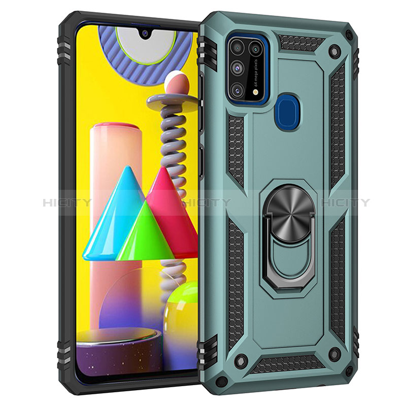 Silikon Hülle Handyhülle und Kunststoff Schutzhülle Hartschalen Tasche mit Magnetisch Fingerring Ständer MQ3 für Samsung Galaxy M21s Grün