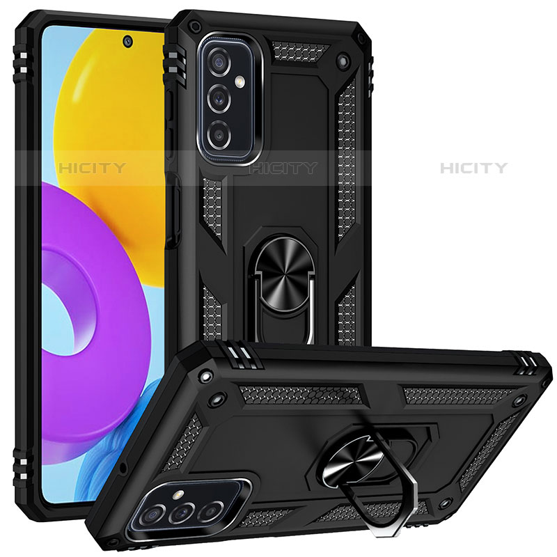 Silikon Hülle Handyhülle und Kunststoff Schutzhülle Hartschalen Tasche mit Magnetisch Fingerring Ständer MQ3 für Samsung Galaxy M52 5G Schwarz Plus