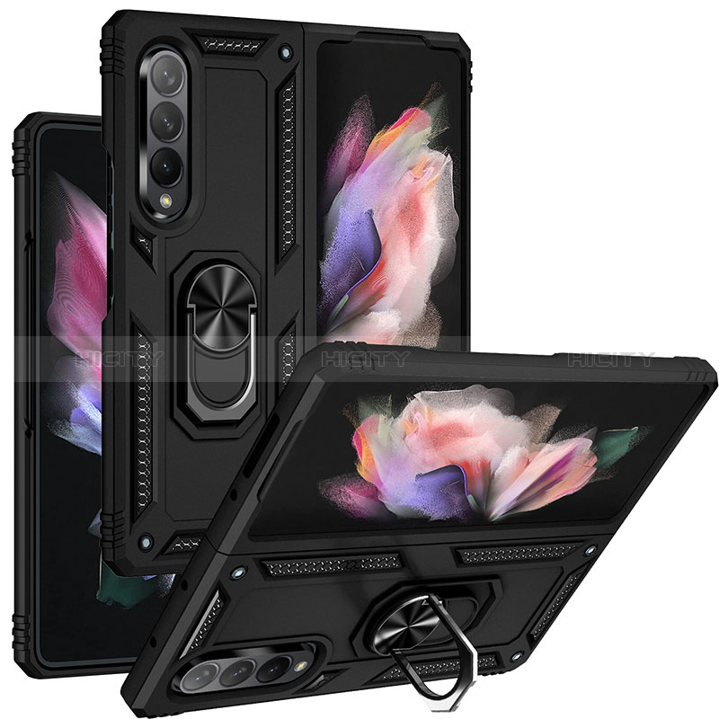 Silikon Hülle Handyhülle und Kunststoff Schutzhülle Hartschalen Tasche mit Magnetisch Fingerring Ständer MQ3 für Samsung Galaxy Z Fold3 5G