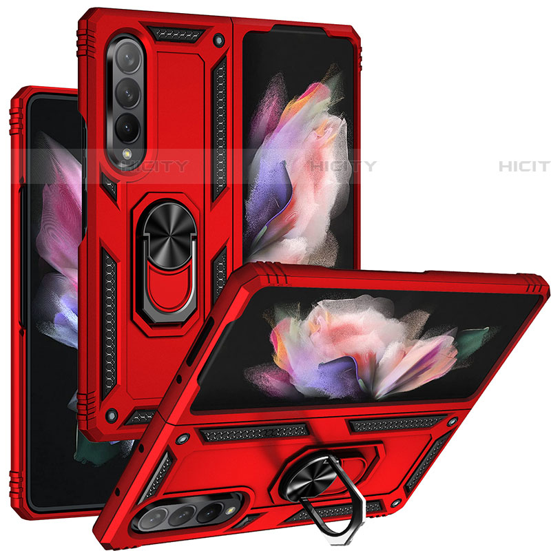 Silikon Hülle Handyhülle und Kunststoff Schutzhülle Hartschalen Tasche mit Magnetisch Fingerring Ständer MQ3 für Samsung Galaxy Z Fold4 5G Rot