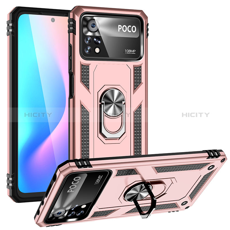 Silikon Hülle Handyhülle und Kunststoff Schutzhülle Hartschalen Tasche mit Magnetisch Fingerring Ständer MQ3 für Xiaomi Poco X4 Pro 5G Rosegold