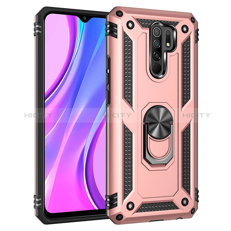 Silikon Hülle Handyhülle und Kunststoff Schutzhülle Hartschalen Tasche mit Magnetisch Fingerring Ständer MQ3 für Xiaomi Redmi 9 Rosegold