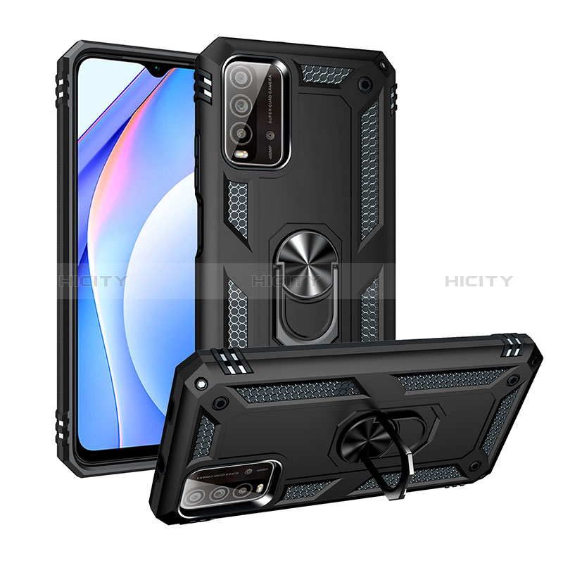 Silikon Hülle Handyhülle und Kunststoff Schutzhülle Hartschalen Tasche mit Magnetisch Fingerring Ständer MQ3 für Xiaomi Redmi 9T 4G Schwarz Plus