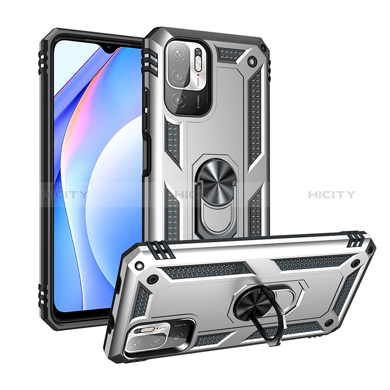 Silikon Hülle Handyhülle und Kunststoff Schutzhülle Hartschalen Tasche mit Magnetisch Fingerring Ständer MQ3 für Xiaomi Redmi Note 10 5G Silber Plus