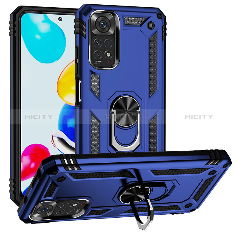 Silikon Hülle Handyhülle und Kunststoff Schutzhülle Hartschalen Tasche mit Magnetisch Fingerring Ständer MQ3 für Xiaomi Redmi Note 11 4G (2022) Blau Plus