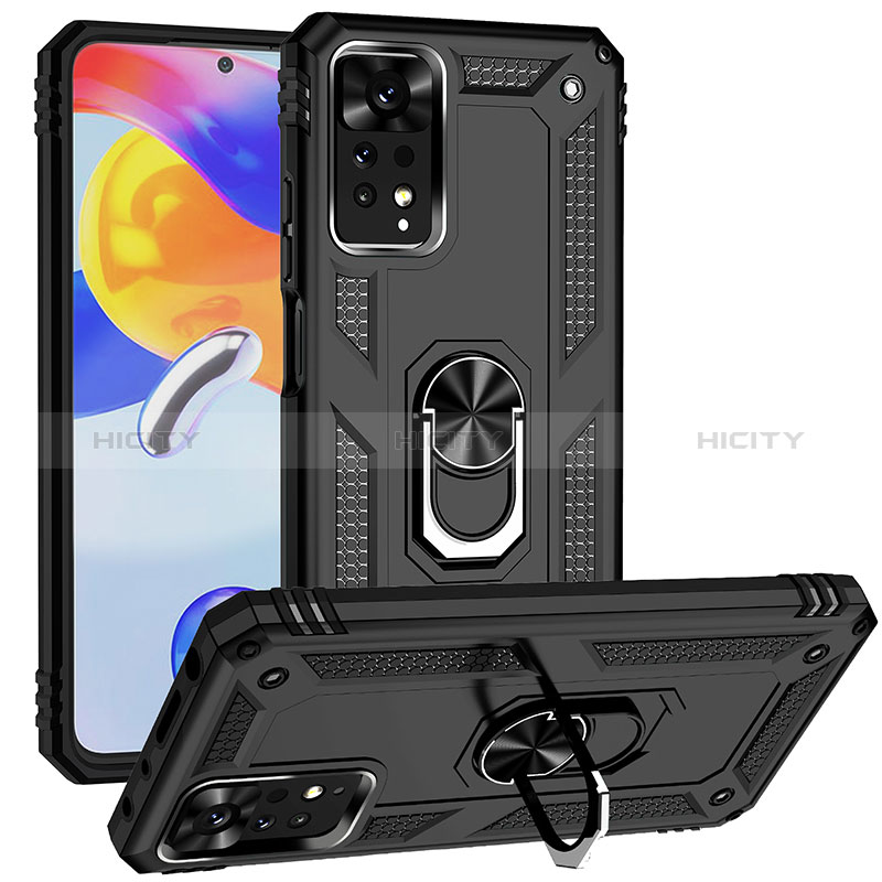 Silikon Hülle Handyhülle und Kunststoff Schutzhülle Hartschalen Tasche mit Magnetisch Fingerring Ständer MQ3 für Xiaomi Redmi Note 11 Pro 5G Schwarz