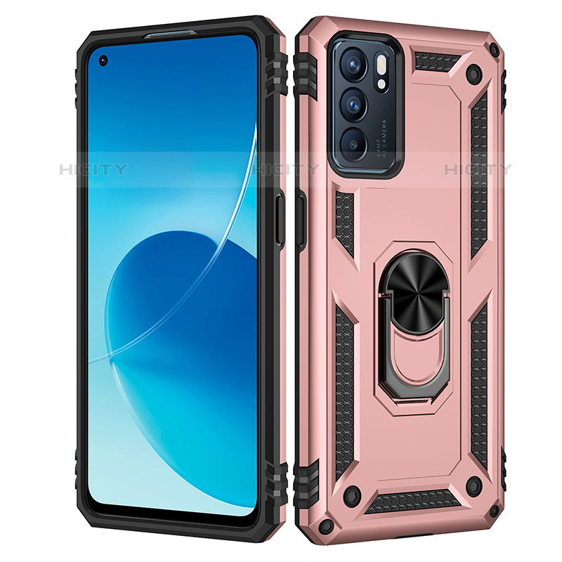 Silikon Hülle Handyhülle und Kunststoff Schutzhülle Hartschalen Tasche mit Magnetisch Fingerring Ständer MQ4 für Oppo Reno6 5G Rosegold