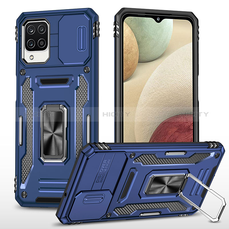 Silikon Hülle Handyhülle und Kunststoff Schutzhülle Hartschalen Tasche mit Magnetisch Fingerring Ständer MQ4 für Samsung Galaxy A12 Blau