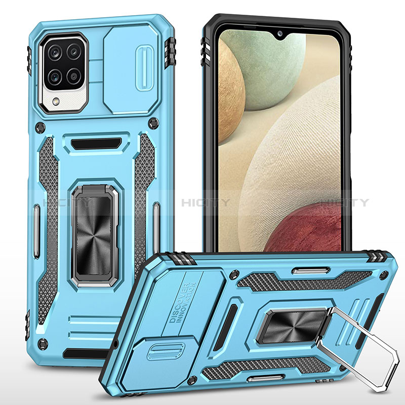 Silikon Hülle Handyhülle und Kunststoff Schutzhülle Hartschalen Tasche mit Magnetisch Fingerring Ständer MQ4 für Samsung Galaxy A12 Nacho Hellblau Plus