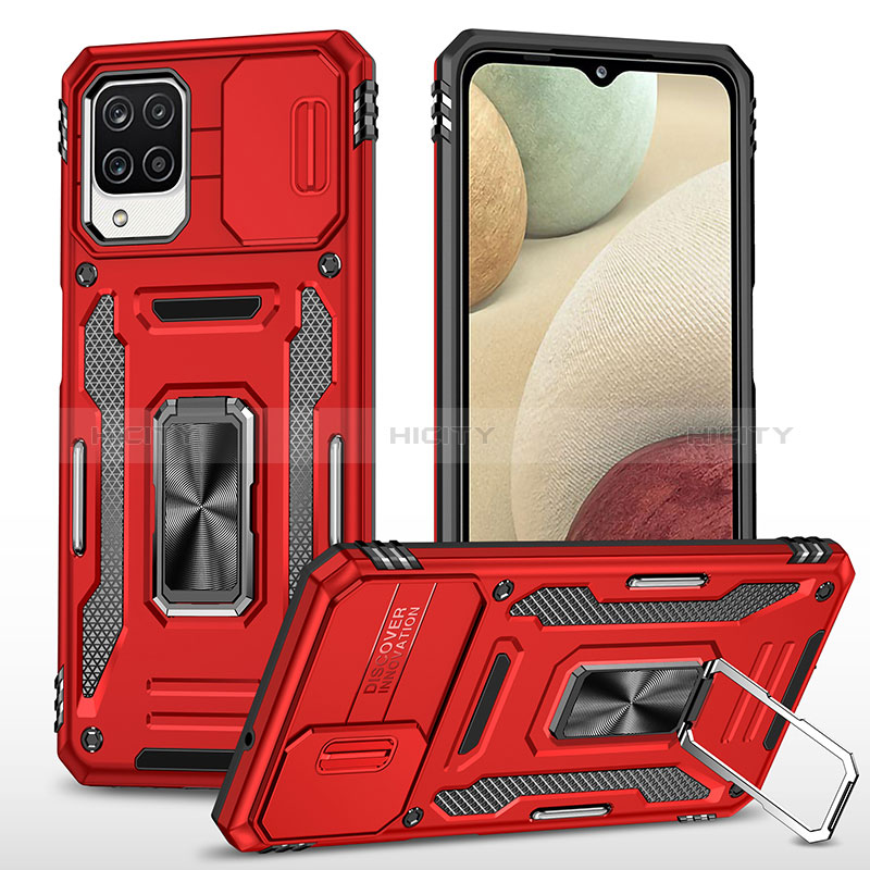 Silikon Hülle Handyhülle und Kunststoff Schutzhülle Hartschalen Tasche mit Magnetisch Fingerring Ständer MQ4 für Samsung Galaxy A12 Nacho Rot Plus