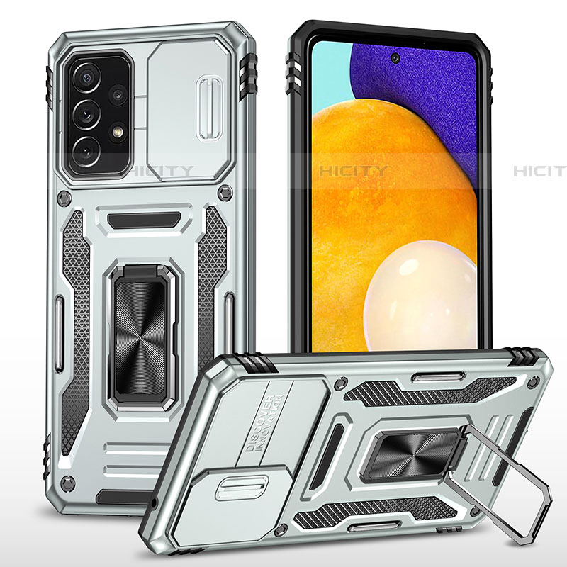 Silikon Hülle Handyhülle und Kunststoff Schutzhülle Hartschalen Tasche mit Magnetisch Fingerring Ständer MQ4 für Samsung Galaxy A52 4G Silber