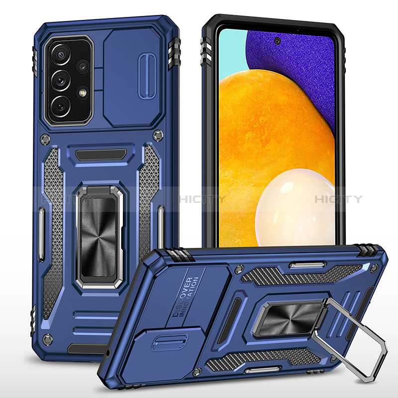 Silikon Hülle Handyhülle und Kunststoff Schutzhülle Hartschalen Tasche mit Magnetisch Fingerring Ständer MQ4 für Samsung Galaxy A52s 5G Blau