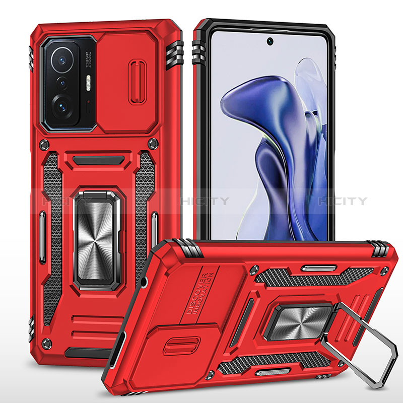 Silikon Hülle Handyhülle und Kunststoff Schutzhülle Hartschalen Tasche mit Magnetisch Fingerring Ständer MQ4 für Xiaomi Mi 11T Pro 5G Rot Plus