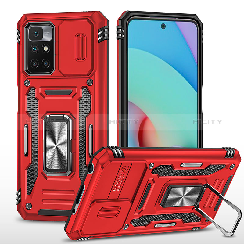 Silikon Hülle Handyhülle und Kunststoff Schutzhülle Hartschalen Tasche mit Magnetisch Fingerring Ständer MQ4 für Xiaomi Redmi 10 (2022) Rot