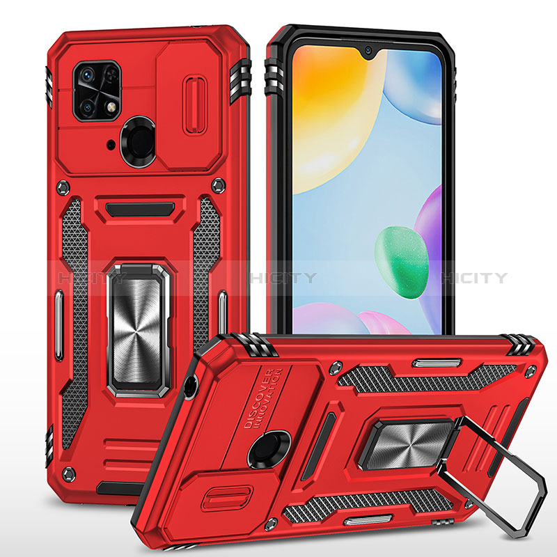 Silikon Hülle Handyhülle und Kunststoff Schutzhülle Hartschalen Tasche mit Magnetisch Fingerring Ständer MQ4 für Xiaomi Redmi 10C 4G Rot Plus