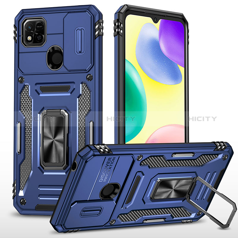 Silikon Hülle Handyhülle und Kunststoff Schutzhülle Hartschalen Tasche mit Magnetisch Fingerring Ständer MQ4 für Xiaomi Redmi 9 Activ Blau