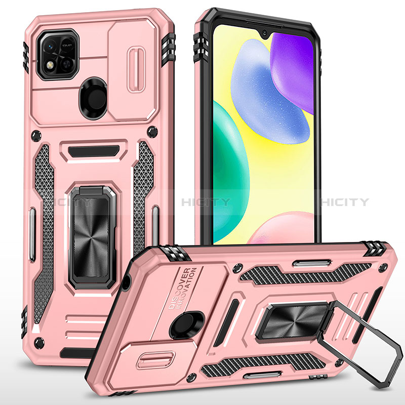 Silikon Hülle Handyhülle und Kunststoff Schutzhülle Hartschalen Tasche mit Magnetisch Fingerring Ständer MQ4 für Xiaomi Redmi 9 Activ Rosegold