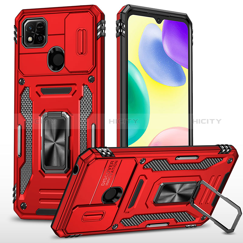 Silikon Hülle Handyhülle und Kunststoff Schutzhülle Hartschalen Tasche mit Magnetisch Fingerring Ständer MQ4 für Xiaomi Redmi 9 Activ Rot