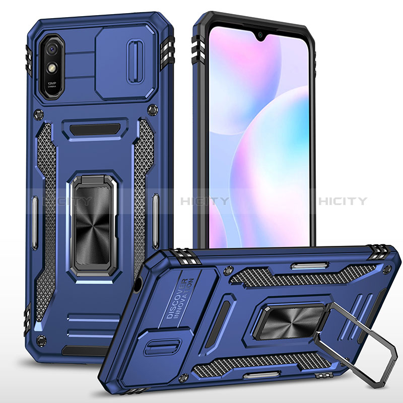 Silikon Hülle Handyhülle und Kunststoff Schutzhülle Hartschalen Tasche mit Magnetisch Fingerring Ständer MQ4 für Xiaomi Redmi 9A Blau Plus