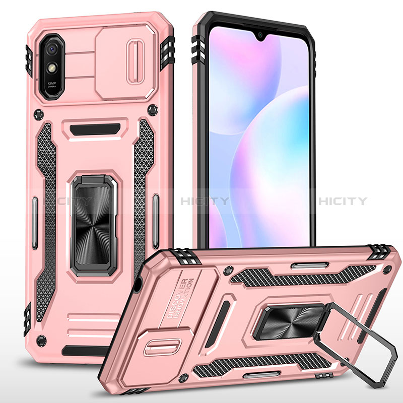 Silikon Hülle Handyhülle und Kunststoff Schutzhülle Hartschalen Tasche mit Magnetisch Fingerring Ständer MQ4 für Xiaomi Redmi 9A Rosegold Plus