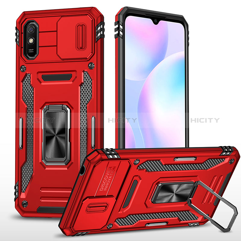 Silikon Hülle Handyhülle und Kunststoff Schutzhülle Hartschalen Tasche mit Magnetisch Fingerring Ständer MQ4 für Xiaomi Redmi 9A Rot