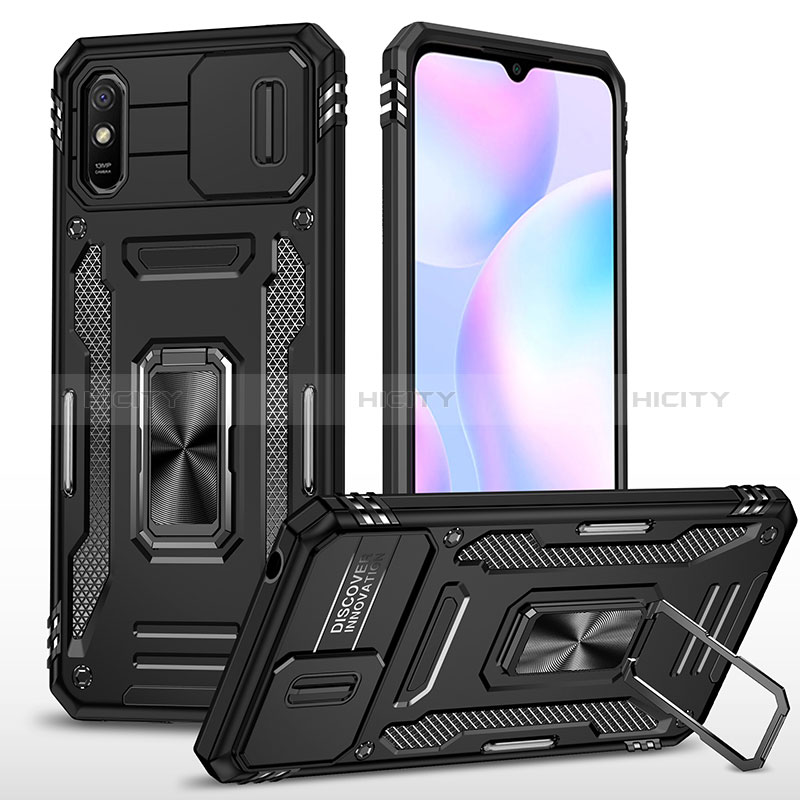 Silikon Hülle Handyhülle und Kunststoff Schutzhülle Hartschalen Tasche mit Magnetisch Fingerring Ständer MQ4 für Xiaomi Redmi 9A Schwarz Plus