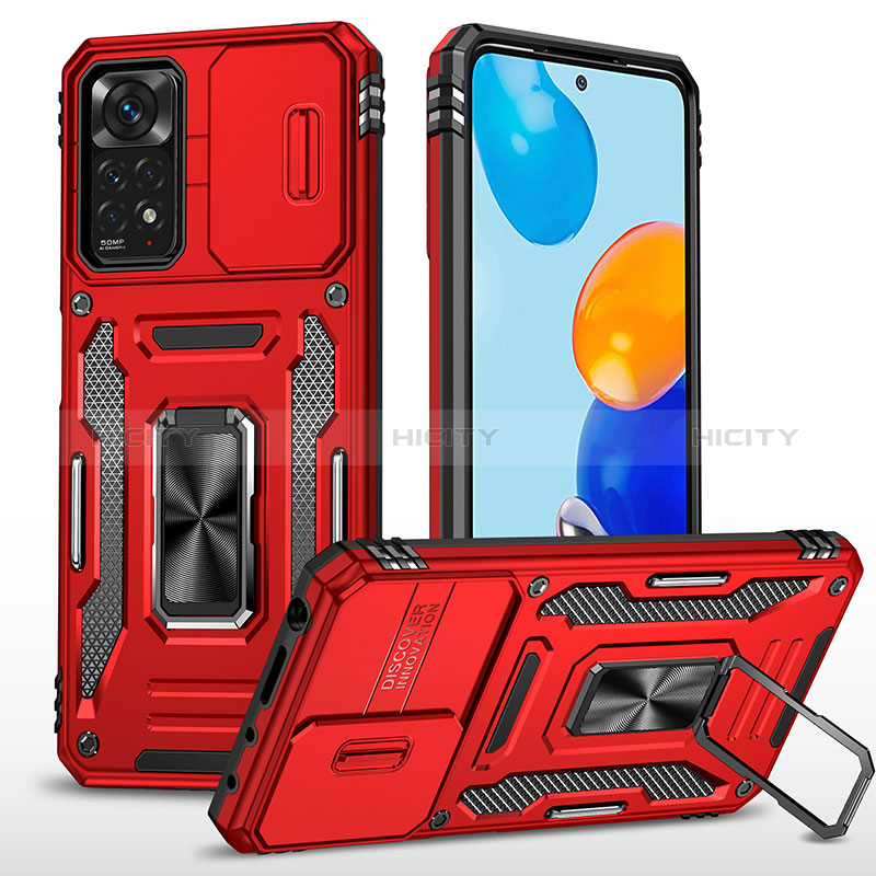 Silikon Hülle Handyhülle und Kunststoff Schutzhülle Hartschalen Tasche mit Magnetisch Fingerring Ständer MQ4 für Xiaomi Redmi Note 11 Pro 4G Rot