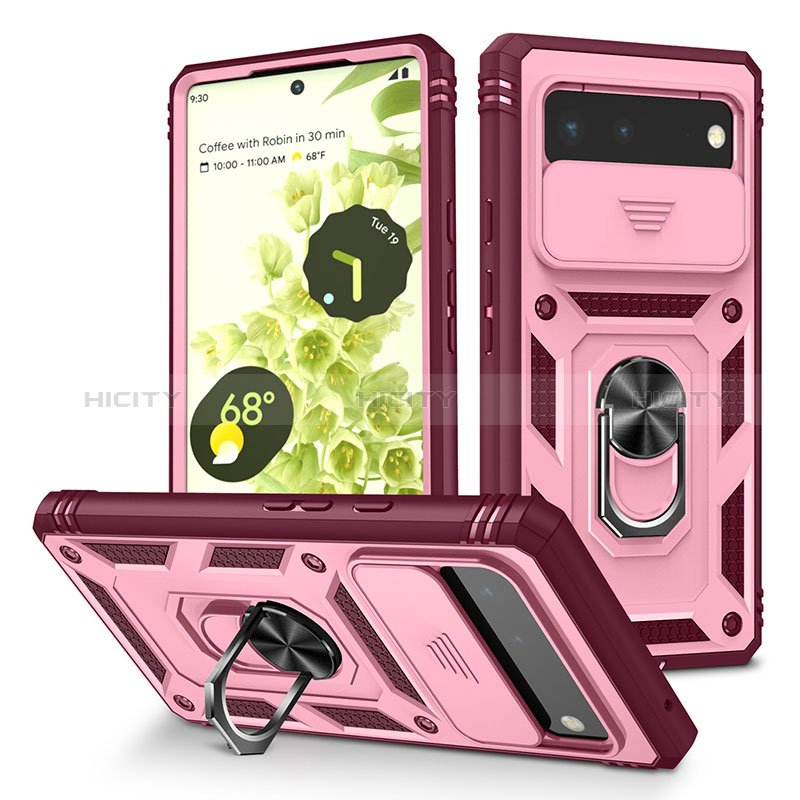 Silikon Hülle Handyhülle und Kunststoff Schutzhülle Hartschalen Tasche mit Magnetisch Fingerring Ständer MQ5 für Google Pixel 6 5G Pink