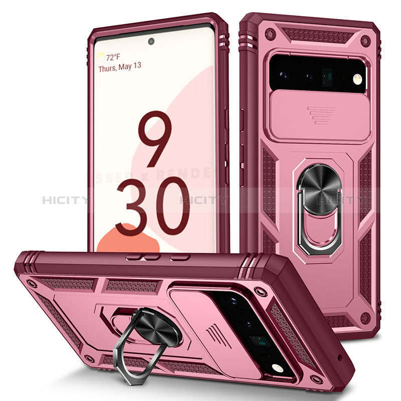 Silikon Hülle Handyhülle und Kunststoff Schutzhülle Hartschalen Tasche mit Magnetisch Fingerring Ständer MQ5 für Google Pixel 6 Pro 5G Pink Plus