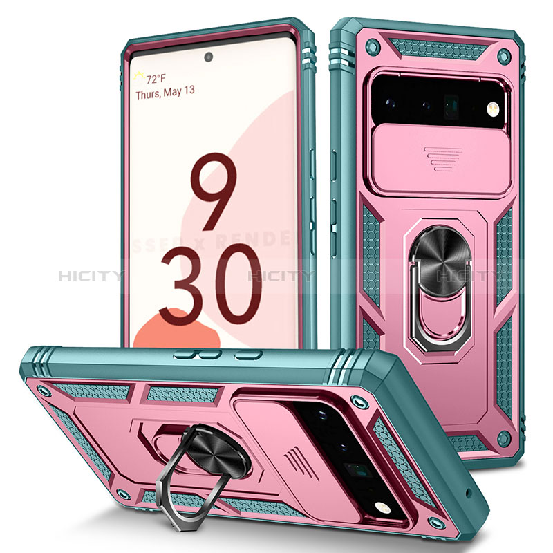 Silikon Hülle Handyhülle und Kunststoff Schutzhülle Hartschalen Tasche mit Magnetisch Fingerring Ständer MQ5 für Google Pixel 6 Pro 5G Rosa