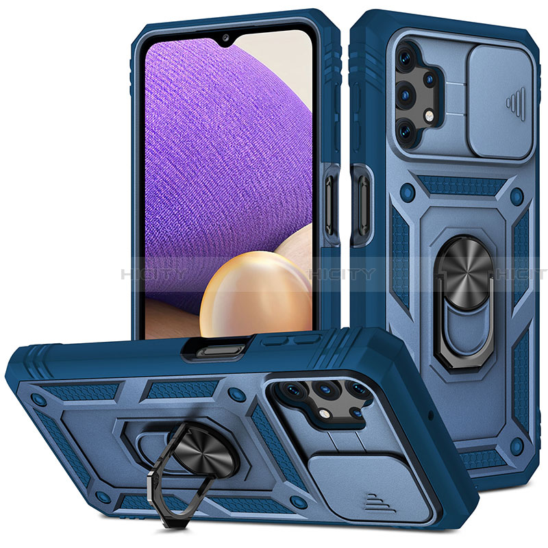 Silikon Hülle Handyhülle und Kunststoff Schutzhülle Hartschalen Tasche mit Magnetisch Fingerring Ständer MQ5 für Samsung Galaxy A32 4G Blau