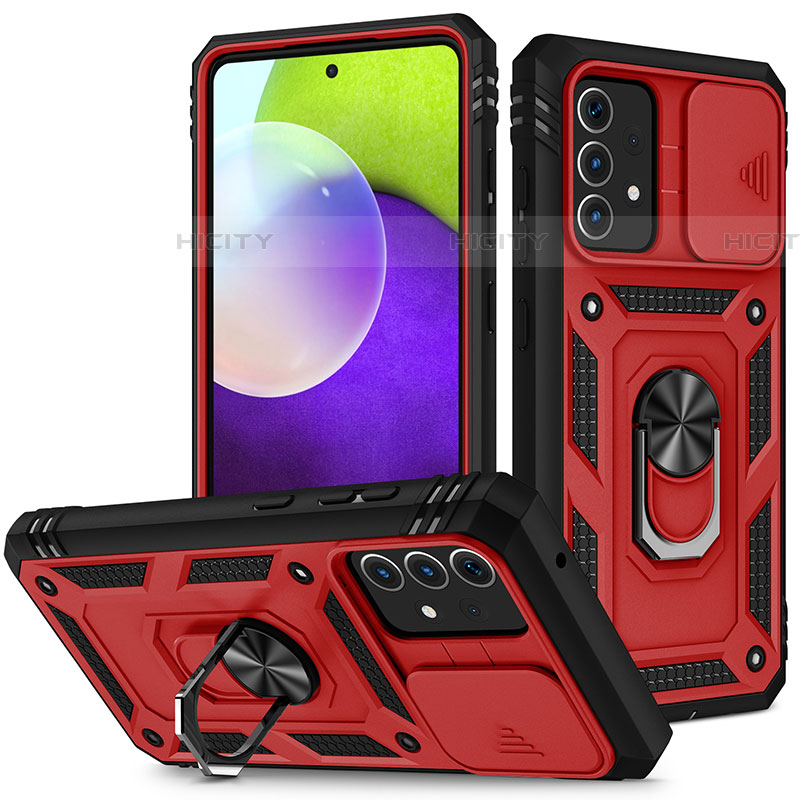 Silikon Hülle Handyhülle und Kunststoff Schutzhülle Hartschalen Tasche mit Magnetisch Fingerring Ständer MQ5 für Samsung Galaxy A52 5G Rot