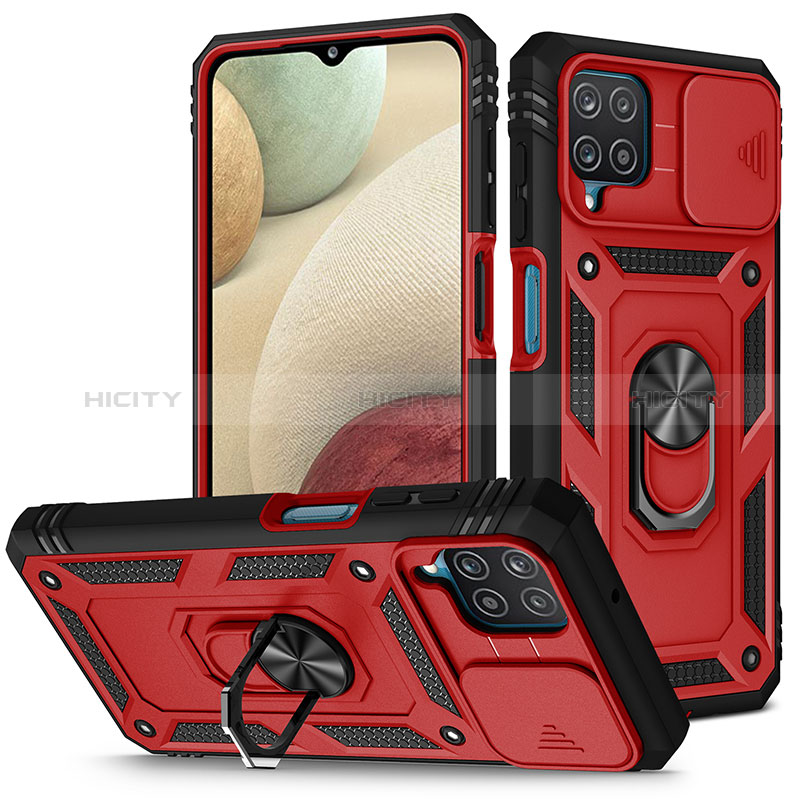 Silikon Hülle Handyhülle und Kunststoff Schutzhülle Hartschalen Tasche mit Magnetisch Fingerring Ständer MQ5 für Samsung Galaxy F12 Rot