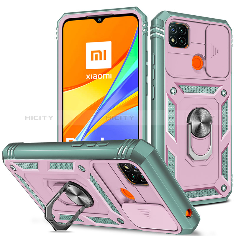 Silikon Hülle Handyhülle und Kunststoff Schutzhülle Hartschalen Tasche mit Magnetisch Fingerring Ständer MQ5 für Xiaomi POCO C3 Pink