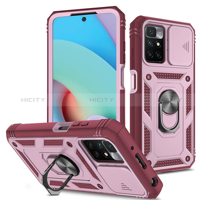 Silikon Hülle Handyhülle und Kunststoff Schutzhülle Hartschalen Tasche mit Magnetisch Fingerring Ständer MQ5 für Xiaomi Redmi 10 (2022) Pink Plus