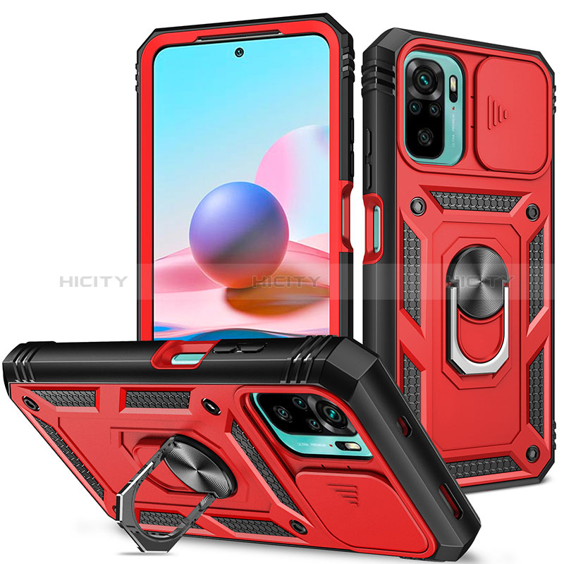 Silikon Hülle Handyhülle und Kunststoff Schutzhülle Hartschalen Tasche mit Magnetisch Fingerring Ständer MQ5 für Xiaomi Redmi Note 10 4G Rot Plus